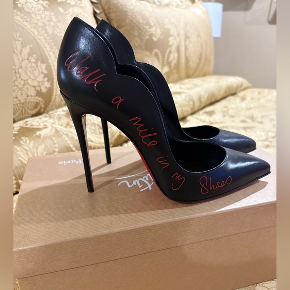 Christian Louboutin Black Leather Pointed Stiletto with Red Script Walk A Mile - Picture 3 of 7